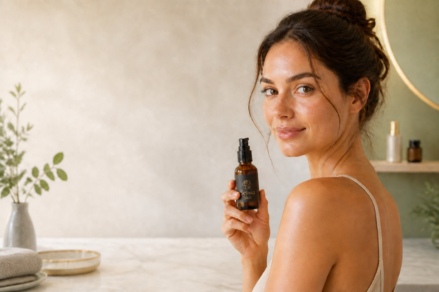 Model holding a clean botanical skincare bottle